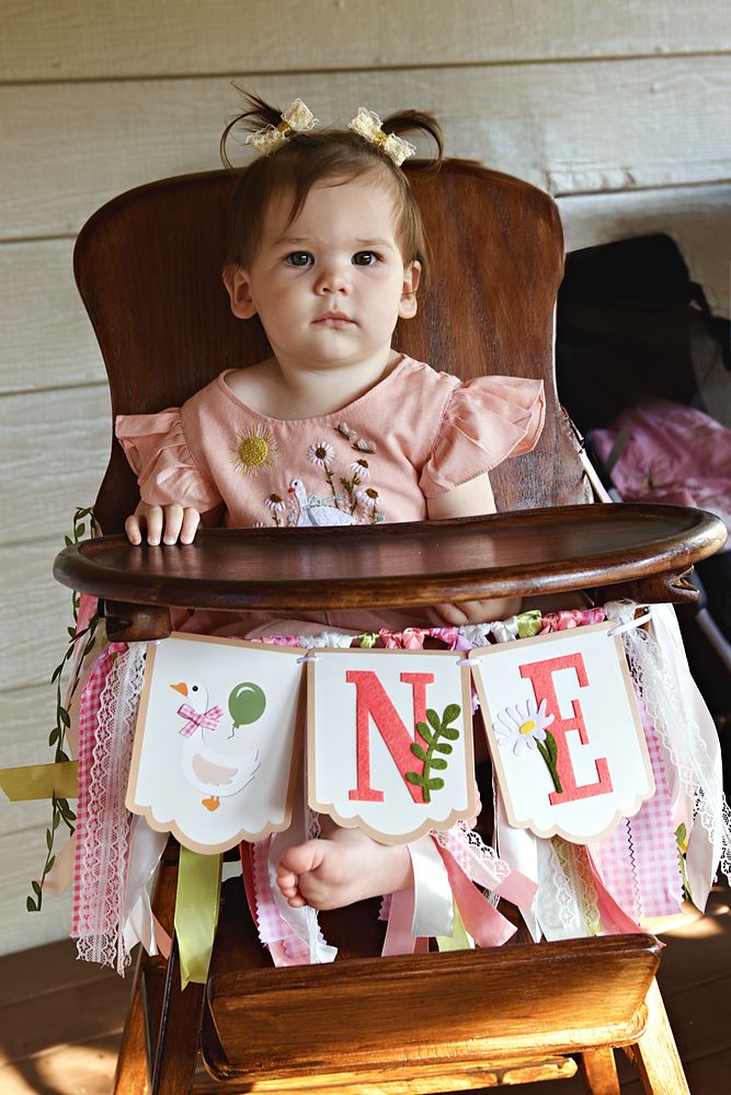 Baby girl in her high chair for her first birthday